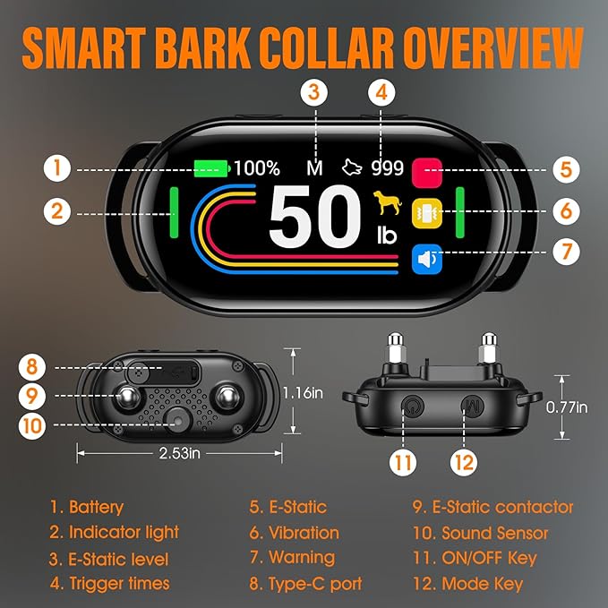 Smart Dog Bark Collar - for Small Medium Large Dogs 10-100lbs, Automatic Dog Training Collar to Decrease Barking, Anti Barking Device with 4 Training Modes, More 8 Sensitivity Levels, Black