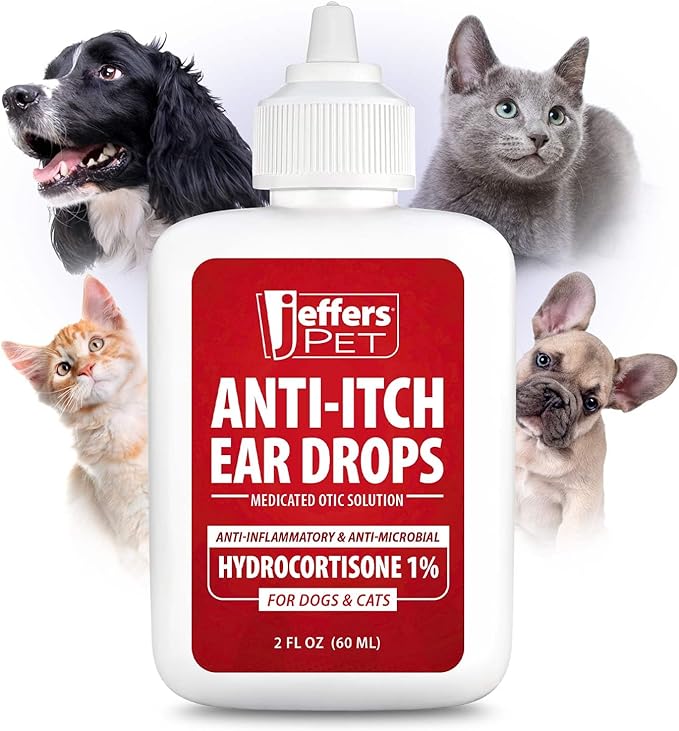 Jeffers Pet Ear Drops for Dogs & Cats – Ear Cleaner with Hydrocortisone – Dropper for Odor, Wax & Itchy Ears – Safe for Routine Use – Home Ear Care, Summer Grooming – 2 fl oz