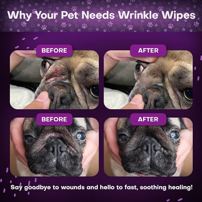 Wrinkle Wipes for Dogs | 3X Larger Dog Face Wipes for French Bulldog and Pug - Cleanse Skin Folds, Tear Stains, Tail Pockets | Anti-Itch, Soothing, & Hypoallergenic with Coconut Oil | 50 Count