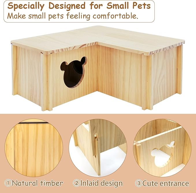 Fhiny Wooden Hamster House, Multi-Chamber Hamster Hideout & Tunnel Detachable Activity Room Exploring Toys Rats Habitat Decor for Dwarf Hamsters Gerbils Mice Lemmings (Small)