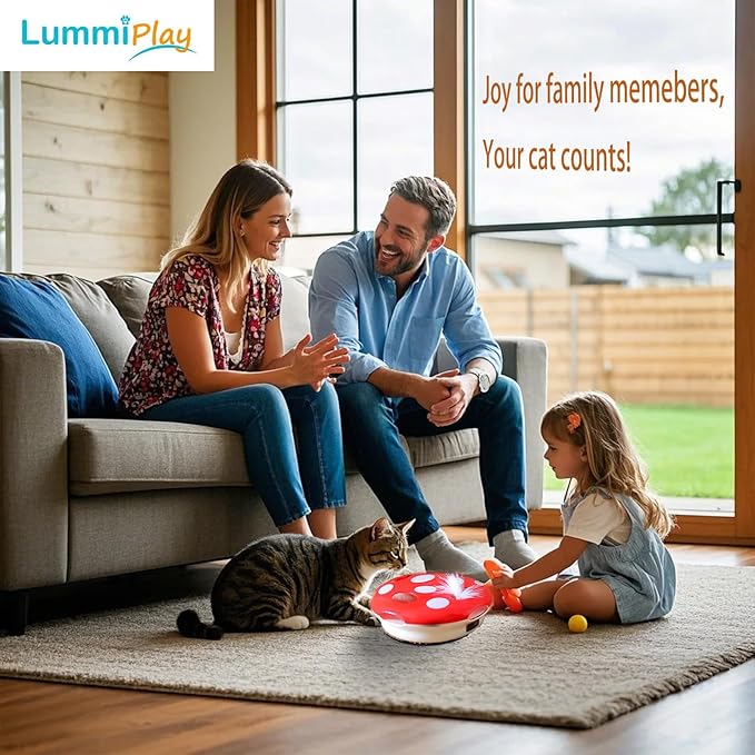 Interactive Cat Toy Automatic Mushroom - Whack-a-Mole Game with Rotating Feathers for Indoor Cats, Hide & Seek Rechargeable Toys Boredom Relief Adult Kittens, Safe Chew Proof Design (Red)