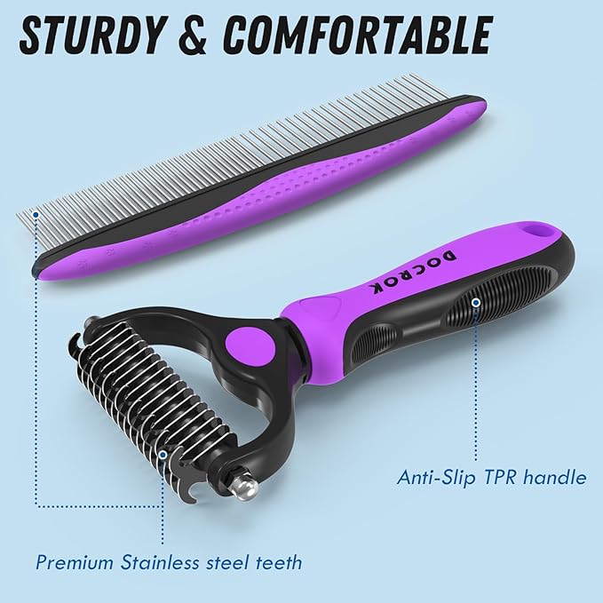 Pet Grooming Brush and Metal Comb Combo - Undercoat Rake for Dematting and Deshedding Long Matted Haired Dogs and Cats, Purple