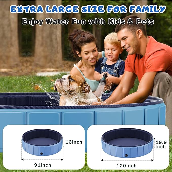 Foldable Dog Swimming Pool, Totiro 91"x16" Oversize Collapsable Hard Plastic Portable Bathing Tub for Pet Dog Kiddie Pool Indoor and Outdoor Leakproof PVC Play Pool for Large Dogs Pets Puppy Kids Blue