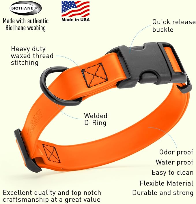 Dogline Biothane Waterproof Dog Collar with Quick Release Buckle Strong Coated Nylon Webbing with Odor- Proof for Easy Care Easy to Clean Fits Small Medium or Large Dogs, Orange 3/4" W 12-19" L