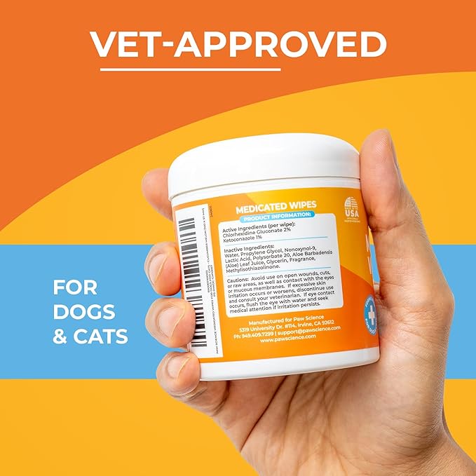 Antibacterial & Antifungal Medicated Wipes for Dogs and Cats – 100 Count - Chlorhexidine Wipes with Ketoconazole for The Treatment of Rashes, Skin Infections, Itchy Paws, and Pet Acne