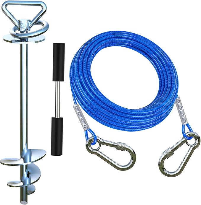 Dog Tie Out Cable and Stake,with 30FT Heavy Duty Cable,360° Swivel Run Anchor -Dog Runner for Yard- for Large Dogs up to 150 lbs-Dog Stakes for Outside Yard Outdoor Camping