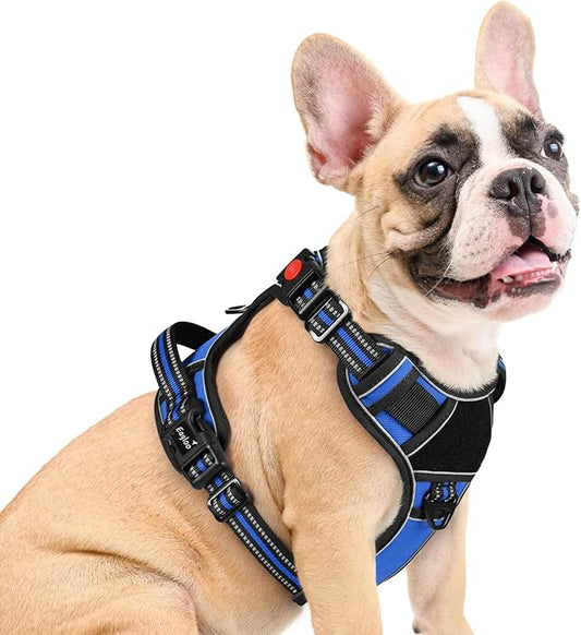 Eagloo Dog Harness Medium Sized, Easy Wearing with 3 Buckles, Adjustable No Pull Pet Harness with 2 Rings for Walking, No Chock Reflective Soft Padded Vest with Control Handle, Blue & Black, M