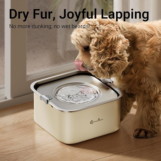 DownyPaws No Spill Water Bowl for Dogs,101oz/3L Slobber Stopper Stainless Steel, Slow Drinking Dog Water Bowl, No Mess Dog Water Dispenser Spill Proof, Dishwasher Safe, Beige