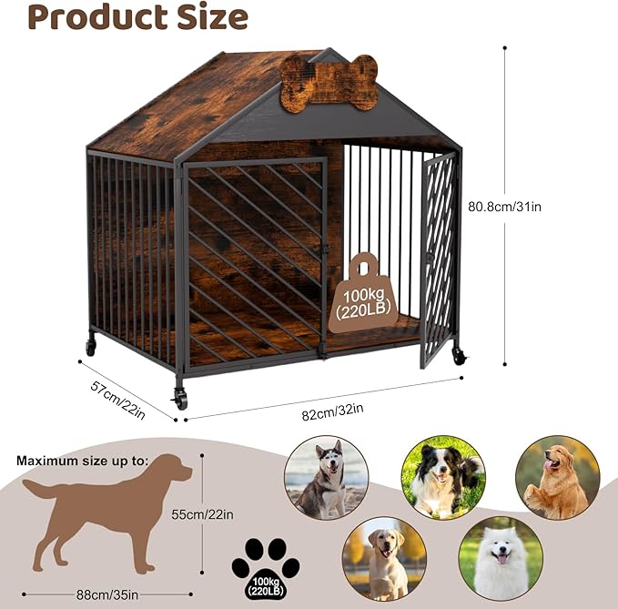 Furniture-Style Dog Crate with Gable Roof Design, Double Locking Doors Indoor Kennel for Small & Medium Dogs, Chew-Proof Escape-Proof Dog Cage, Rustic Brown