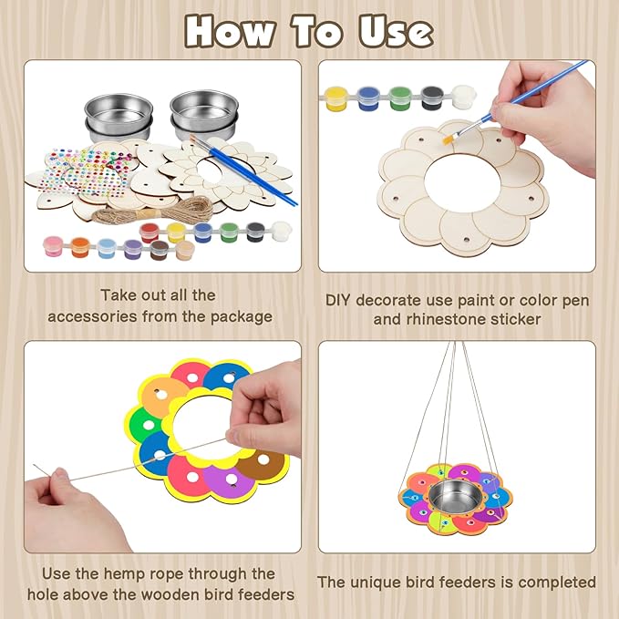 Fennoral 4 Pack Bird Feeder Kits for Kids Make Your Own Bird Feeders Wooden Art and Craft for Girls Boys Ornaments DIY to Paint Bird Feeders Craft for Spring Garden Outdoor Summer Activities Project