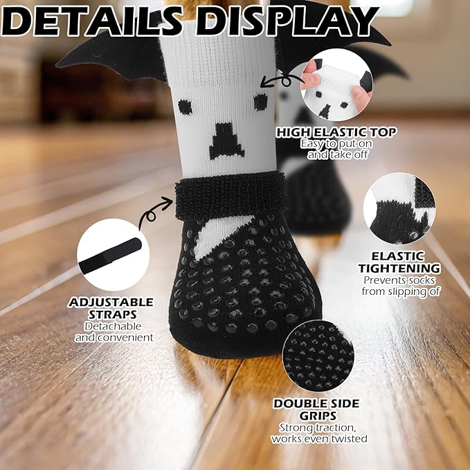 EXPAWLORER Halloween Anti Slip Dog Socks to Prevent Licking Paws, Boots & Paw Protectors with Grippers,Doggie Booties for Hardwood Floors for Small Medium Large Senior Dogs Costume White Ghost Wings M