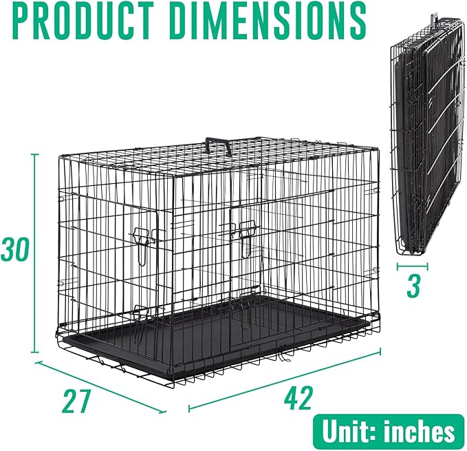 FDW Dog Crate for Large Dogs 42 Inch Folding Metal WirePet Cage Double Door W/Divider Panel Indoor Outdoor Kennel Leak-Proof Plastic Tray,Black