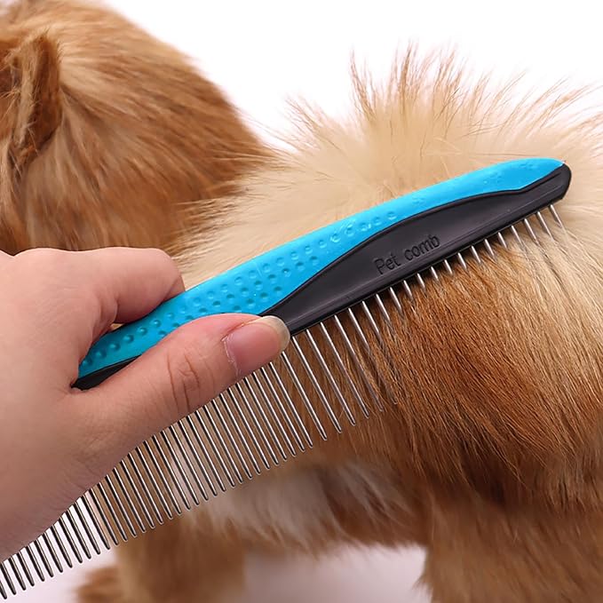 YINGFAN Dog Comb, Stainless Steel Dematting Comb for Dogs and Cats, Non-Slip Handle Dog Combs for Grooming Matting (Blue)