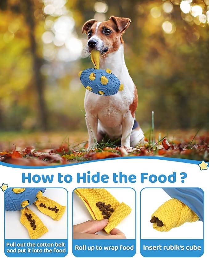 Interactive Dog Toy with Natural Rubber Soccer Design, Dental Care, Pet Energy Relief Brain Teaser Toy, Activity Training Foraging Toy, Mentally Stimulating Slow Feeder Dog Treat Dispenser Blue