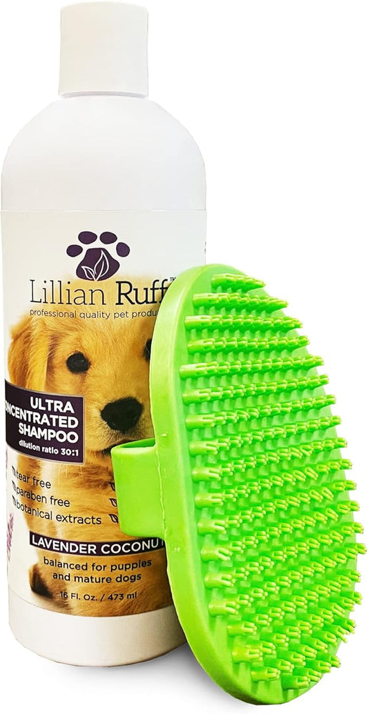 Lillian Ruff High Concentrate Professional Grooming Shampoo for Dogs with Hydrating Essential Oils – 30:1 Concentration for Bathing System - Clean, Condition, & Deodorize Dry, Sensitive Skin W/Brush