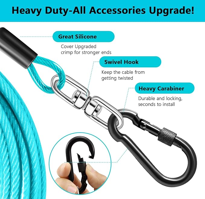 Dog Tie Out Cable 50FT-500Lbs,Heavy Duty Dog Leads Line for Yard with Swivel Hook,Medium Large Dogs Leash&Chains for Outside,Rust Chew Proof Dogs Run Cable for Outdoor Camping(Teal, 50FT)