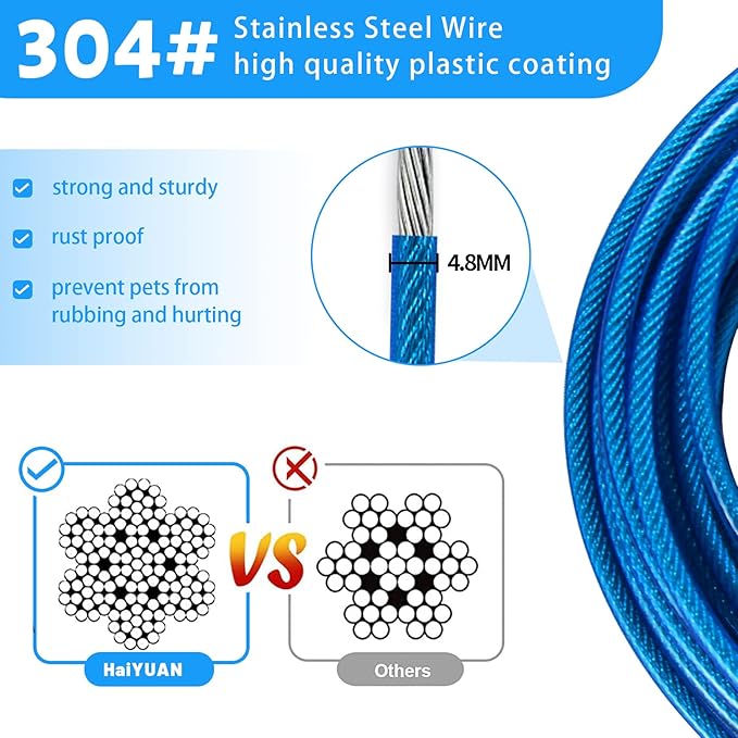 10/15/20/25/30 FT Dog Tie Out Cable - Steel Wire Dog Runner with Durable Clips for Outside Lead - Blue - Up to 165 lbs