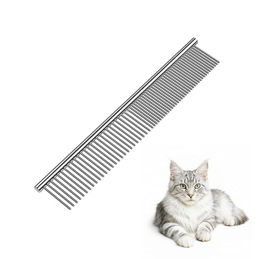 Dog Comb and Cat Combs Stainless Steel Teeth, Grooming Tool for Long & Short Hair, Dematting Comb for Dogs, Removes Tangles & Knots (Small Silver)