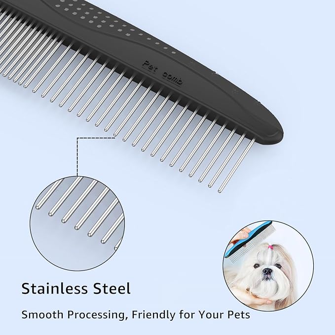 YINGFAN Dog Comb, Stainless Steel Dematting Comb for Dogs and Cats, Non-Slip Handle Dog Combs for Grooming Matting (Black)
