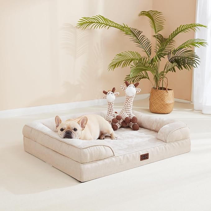 EHEYCIGA Orthopedic Dog Beds for Large Dogs, Waterproof Memory Foam Large Dog Bed with Sides, Non-Slip Bottom and Egg-Crate Foam Pet Couch Bed with Washable Removable Cover, Beige