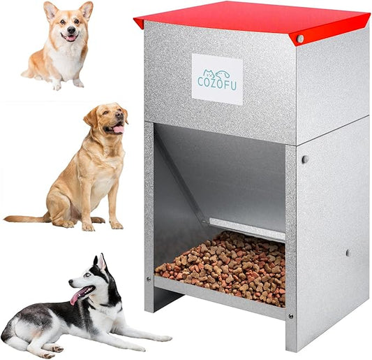 Dog Feeder - Galvanized Metal Pet Food Station for Indoor & Outdoor Use - Automatic Gravity-Fed Dispenser Suitable for Small, Medium, and Large Dog Breeds - Capacity: 25 Pounds of Dry Kibble