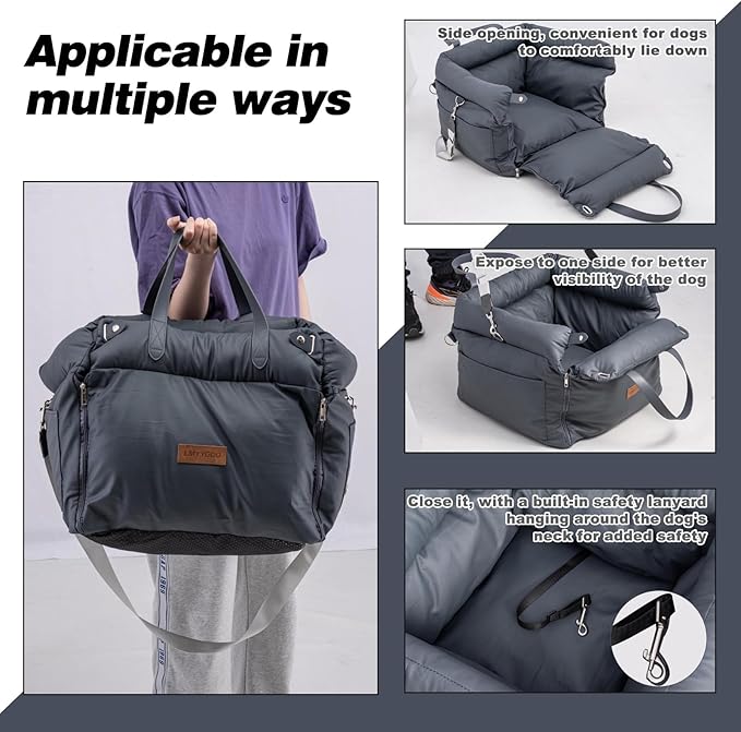 Dog Car Seat for Dogs, Waterproof 3 in 1 Soft Leather Dog Car Bed with Harness Clip, Travel Bed & Carrier Bag for Pets, Fits Pets Up to 35 lbs (Navy Blue)