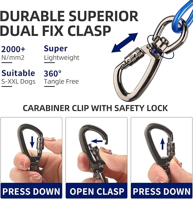 Dog tie Out Cable, 10/20/25/30/50/70/100 feet, Suitable for Dogs up to 350 pounds, Dog Cable with Swivel Buckle, Lightweight, Non-Winding, for Outdoor Camping, Yard Dog Cable (Blue, 20FT)