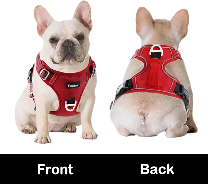 Funfox Dog Harness No Pull, Adjustable Pet Vest Harness, Super Soft Material with Vertical Handle Easy Control, Reflective Night Walking, 2 Leash Clips for Small Sized Dogs, Red, S