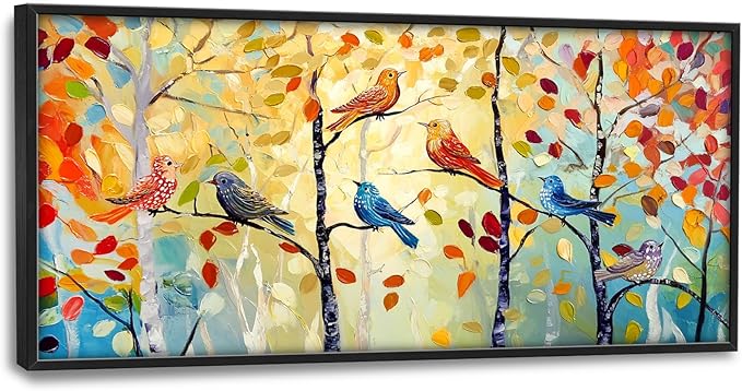 Extra Large Framed Abstract Bird Forest Wall Art,Colorful Birds Birch Tree Wall Decor Pictures for Living Room,Canvas Print Painting Modern Artwork Bedroom Office Bathroom Home Decor 60L x 30W