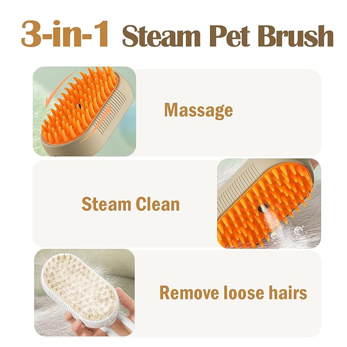 Cat Steam Brush, 3 in 1 Pet Spray Hair Removal Comb, Cats and Dogs Brush for Shedding, Rechargeable Silicone Pet Steam Brushes, Spritz Defur Comb for Massage, Cleaning and Remove Loose Hair - Khaki