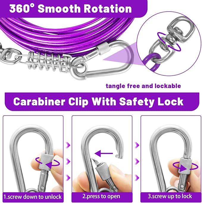 Dog Tie Out Cable 10/15/20/25/30FT Dog Run Cable Rosy Pink/Blue/Purple/Silver/Red/Green/YellowTie Out Cable for Large Dogs Heavy Duty for Outside Hold Large Dogs Up to 250LBS