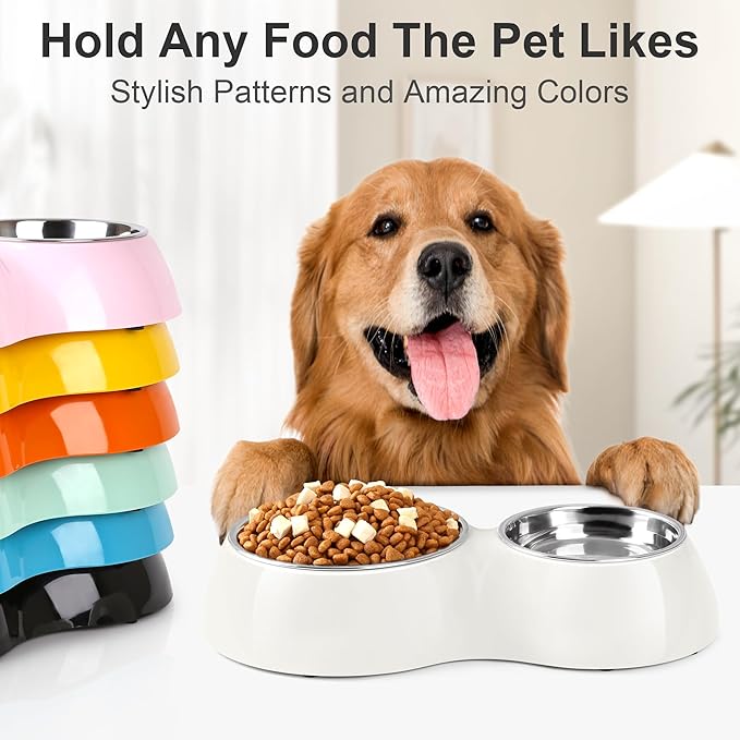 Double Dog Bowls Set – Non-Slip Pet Food & Water Dishes with Resin Stand, Includes Small (1 Cup) & Medium (2 Cups) Bowls – Ideal for Puppies, Cats, and Medium Dogs – White