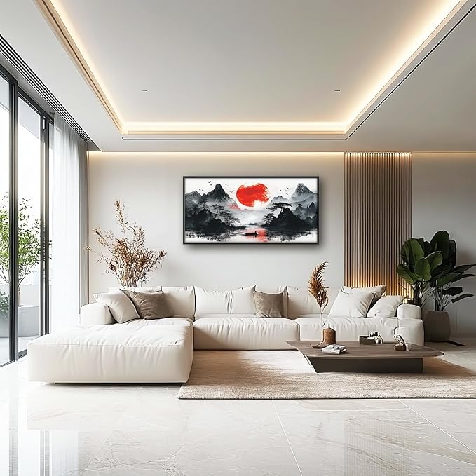 Framed Large Japanese Mountain Wall Art for Living Room, Oversized Asian Red Sun Lake Landscape Wall Decor Nature Canvas Painting Home Decoration for Living Room Bedroom Office 60"x30"