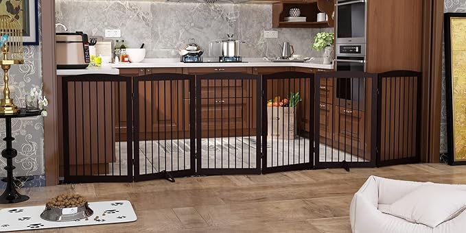 Freestanding Pet Gate for Dogs, Indoor Wooden Foldable Dog Gate for House, Extra Wide, Pet Fence for Stairs, Doorways, Halls, Support Feet Included, 120 Inch Wide, 6 Panels 32",Brown