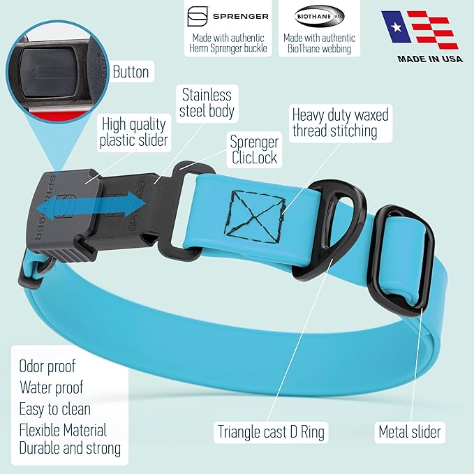 Dogline Biothane Waterproof Dog Collar with Herm Sprenger Black Stainless Steel Quick Release Buckle – Heavy Duty Tactical Durable Collar for Dogs – Comfortable and Safe Pet Collar, W 3/4" L 12-19"