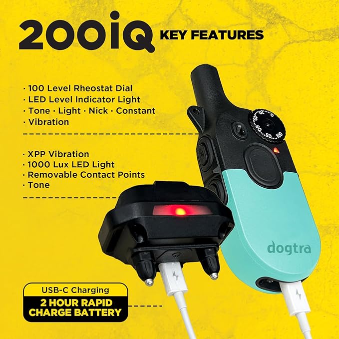 Dogtra 200iQ Remote Training E Collar – 100 Levels, Tone, Vibration, 1/2 Mile Range – Compact, Waterproof, One-Handed Control for Dogs 10 lbs+ – Lightweight Design for Daily Training – Teal