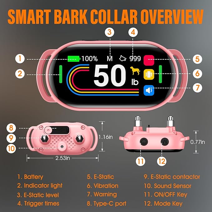 Smart Dog Bark Collar, for Small Medium Large Dogs 10-100lbs, Automatic Dog Training Collar to Decrease Barking, Anti Barking Device with 4 Training Modes, More 8 Sensitivity Levels, Pink