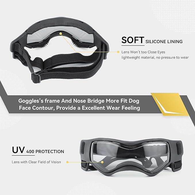 Dog Goggles Dog Sunglasses for Medium Breed UV Protection Windproof with Adjustable Head Straps Chin Straps for Ride Car/Hiking Travel/On Beach-Black