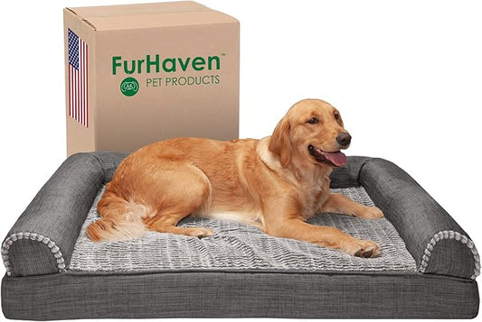 Furhaven Cooling Gel Dog Bed for Large Dogs w/ Removable Bolsters & Washable Cover, For Dogs Up to 95 lbs - Luxe Faux Fur & Performance Linen Sofa - Charcoal, Jumbo/XL