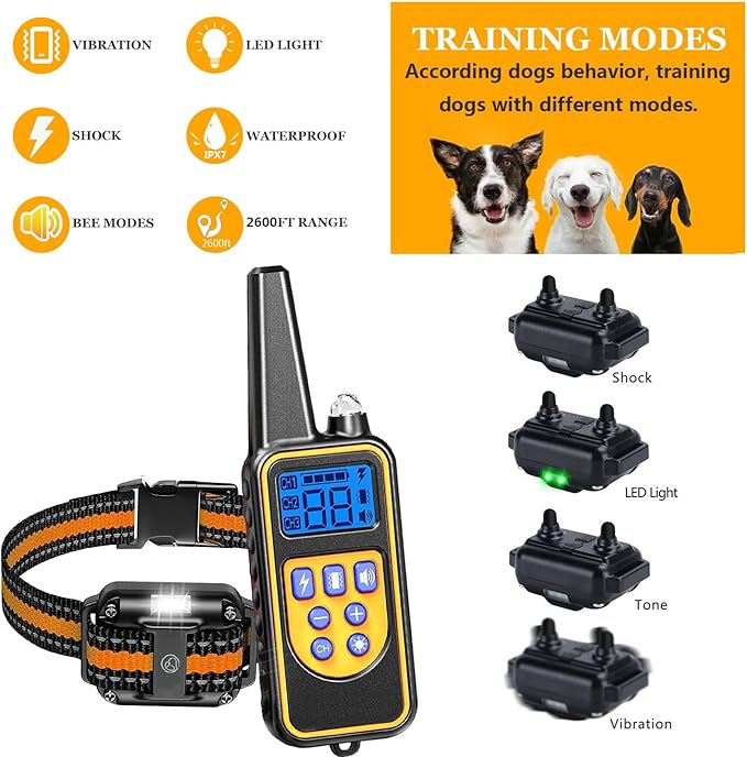Dog Shock Collar with Remote, Dog Training Electric Collar, Waterproof Rechargeable, 1640ft Dog Shock Collar with LED Light, Beep, Vibration, Shock for Medium/Large 3 Electronic Collars Dogs