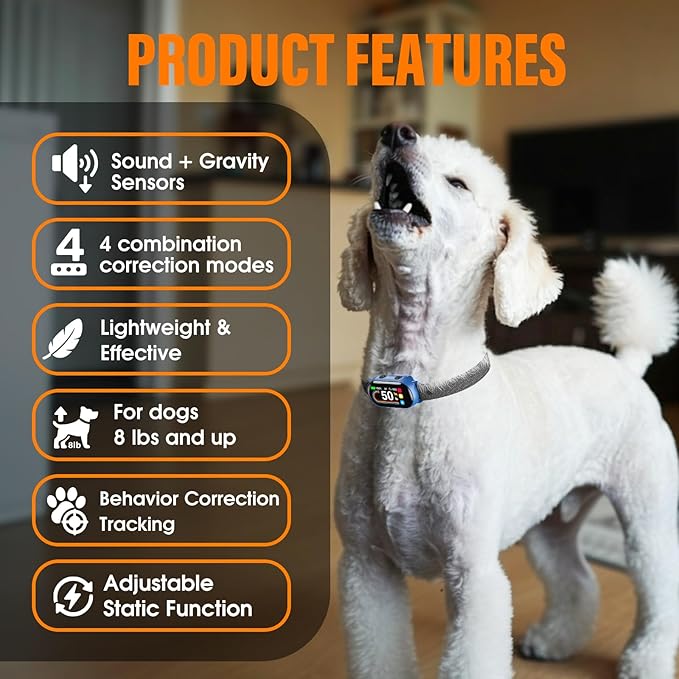 Smart Dog Bark Collar, for Small Medium Large Dogs 10-100lbs, Automatic Dog Training Collar to Decrease Barking, Anti Barking Device with 4 Training Modes, More 8 Sensitivity Levels, Blue