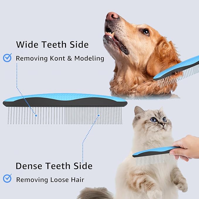 YINGFAN Pet Grooming Combo, Double-Sided Dematting Deshedding Undercoat Rake for Dogs and Cats, Extra Wide Dog Brush for Shedding (Blue)