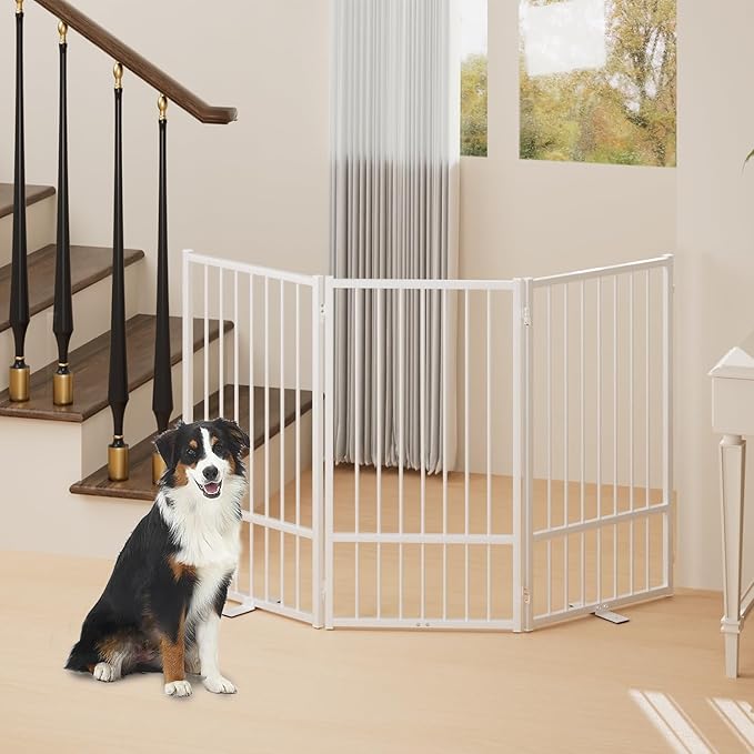 Full Metal Freestanding Dog Gate with Door, 36''Height Foldable Pet Dog Fence for Indoor & Outdoor, 3 Panels Extra Wide Free Standing TallDog Gates for Doorways,House,Stairs,Porch,Deck,Yard