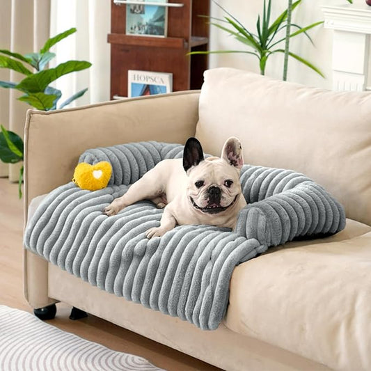 FUNNY FUZZY Pet Couch Cover for Sofa, Calming Dog Bed for Couch, Fluffy Plush Dog Couch Mat for Furniture Protector for Medium Dogs and Cats, 33×28 in, Mist Grey