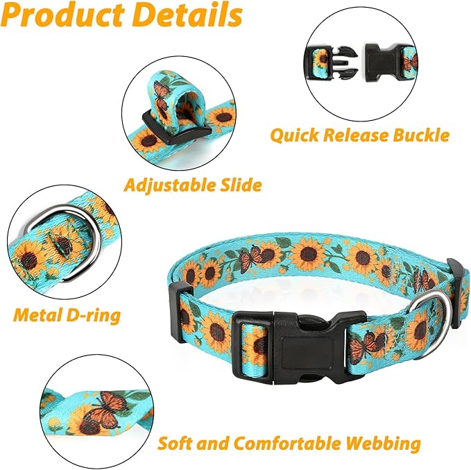 HEELE Dog Collar, Adjustable Soft Dog Collar for Small Medium Large Dogs,Sunflower Floral Patterned Puppy Collars with Quick Release Buckle Sunflower Green L Length 15.94''-25.59'