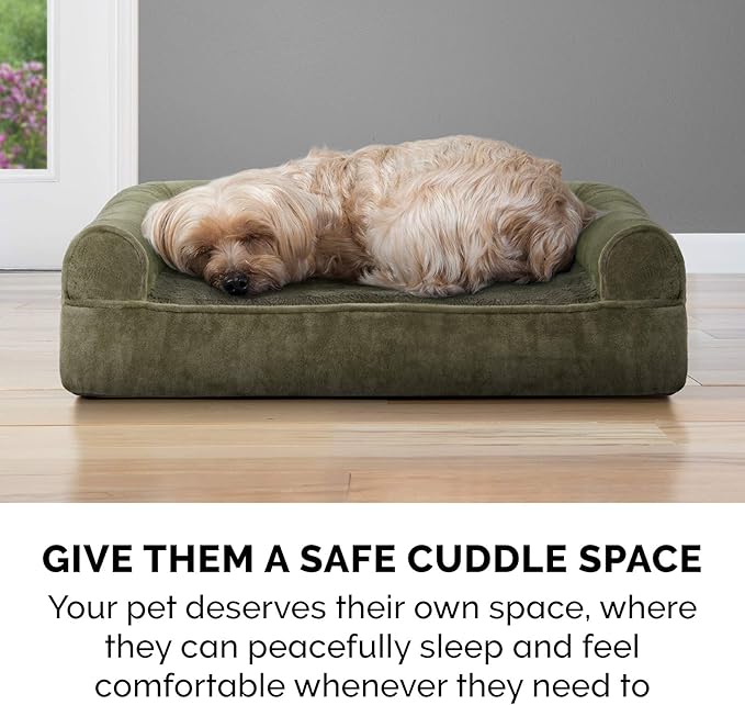 Furhaven Cooling Gel Dog Bed for Medium/Small Dogs w/ Removable Bolsters & Washable Cover, For Dogs Up to 35 lbs - Faux Fur & Velvet Sofa - Dark Sage, Medium