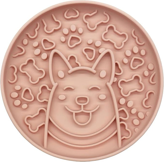 Dogs Slow Feeder Bowl,Silicone Dogs Bowl,Non-Slip Design, Puppy Pattern Interval Eating Slowly. (Peach Pink)