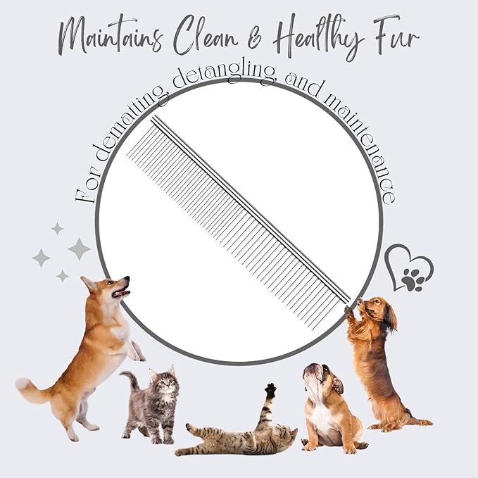 Flexzion Grooming Comb for Dogs – Stainless Steel Professional Cat Comb and Animal Tool for Removing Tangles and Knots on Medium Pets with Smooth Needle Teeth – 45mm, 1 Large