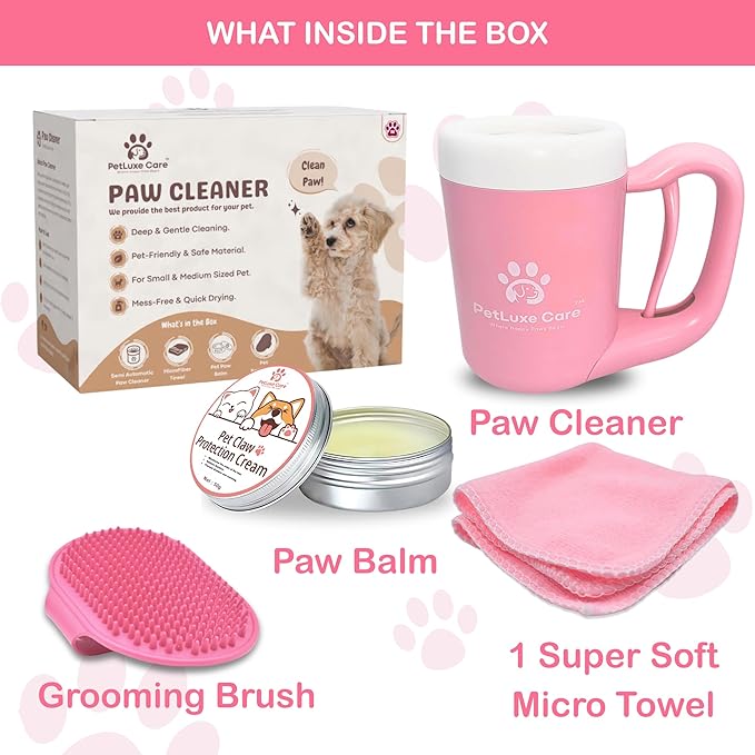 Dog Paw Cleaner for Small & Medium Dogs – Portable Paw Washer Cup with Soft Silicone Brush, Towel & Moisturizing Balm – Gently Cleans Muddy Paws After Walks (Pink, Medium)