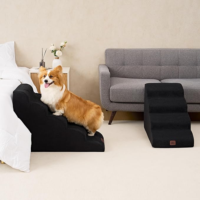 EHEYCIGA Curved Dog Stairs Ramp for High Beds 22.6" H, 5-Step Dog Steps for Small Dogs and Cats, Pet Stairs for High Bed Climbing, Non-Slip Balanced Pet Step Indoor, Black